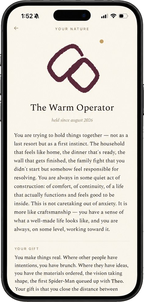 The temper Your Nature screen, showing a personal mark and the reading The Warm Operator
