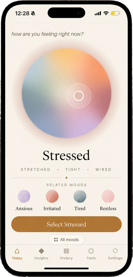 The temper mood picker: a soft colour wheel set to Stressed, with related moods underneath